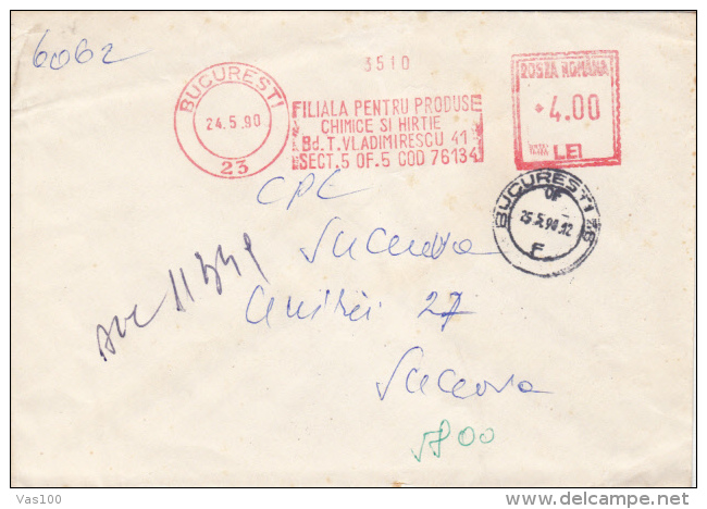 AMOUNT 4.00, BUCHAREST, PAPER COMPANY, MACHINE STAMPS ON REGISTERED COVER, 1990, ROMANIA - Máquinas Franqueo (EMA)