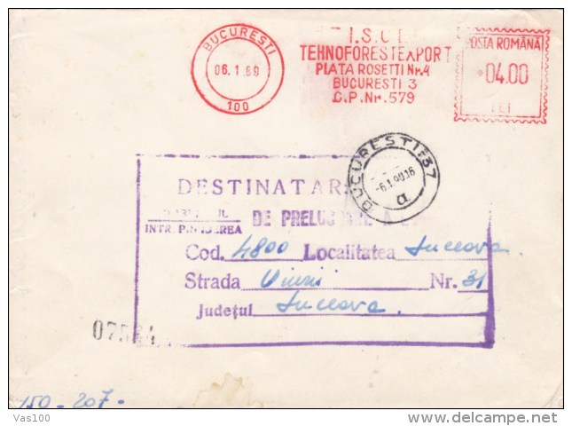 AMOUNT 4.00, BUCHAREST, WOOD COMPANY, MACHINE STAMPS ON REGISTERED COVER, 1989, ROMANIA - Maschinenstempel (EMA)