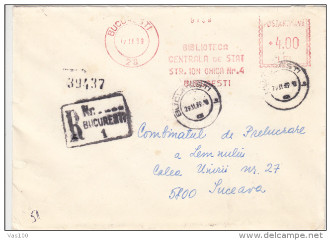 AMOUNT 4.00, BUCHAREST, STATE LIBRARY, MACHINE STAMPS ON REGISTERED COVER, 1989, ROMANIA - Maschinenstempel (EMA)