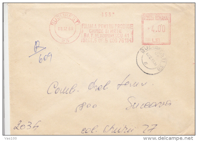 AMOUNT 4.00, BUCHAREST, PAPER COMPANY, MACHINE STAMPS ON REGISTERED COVER, 1989, ROMANIA - Franking Machines (EMA)