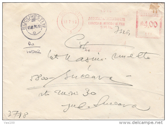 AMOUNT 4.00, BUCHAREST, COMPANY, MACHINE STAMPS ON REGISTERED COVER, 1990, ROMANIA - Maschinenstempel (EMA)