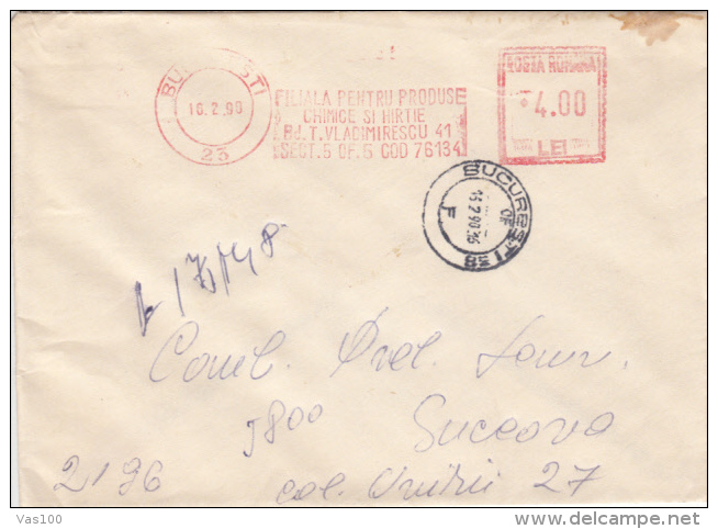 AMOUNT 4.00, BUCHAREST, PAPER COMPANY, MACHINE STAMPS ON REGISTERED COVER, 1990, ROMANIA - Machines à Affranchir (EMA)