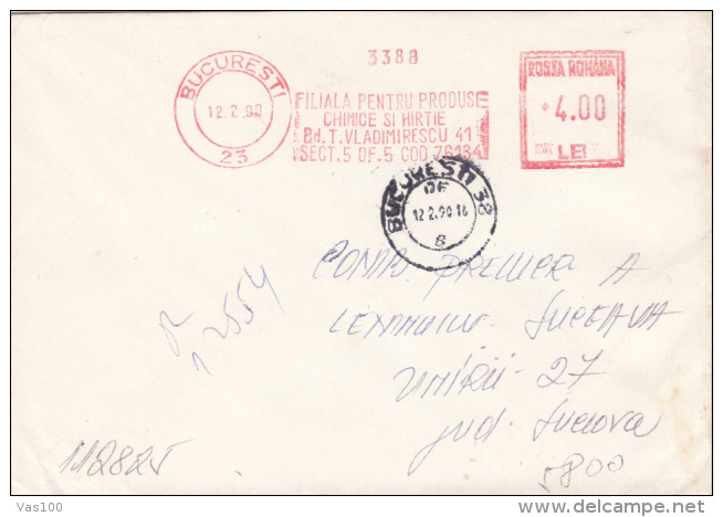 AMOUNT 4.00, BUCHAREST, PAPER COMPANY, MACHINE STAMPS ON REGISTERED COVER, 1990, ROMANIA - Machines à Affranchir (EMA)