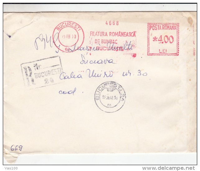 AMOUNT 4.00, BUCHAREST, TEXTILE COMPANY, MACHINE STAMPS ON REGISTERED COVER, 1990, ROMANIA - Máquinas Franqueo (EMA)