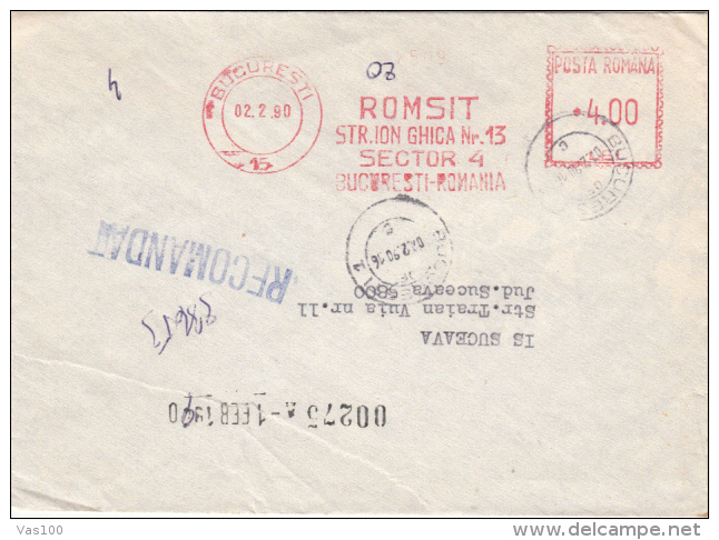 AMOUNT 4.00, BUCHAREST, COMPANY, MACHINE STAMPS ON REGISTERED COVER, 1990, ROMANIA - Franking Machines (EMA)