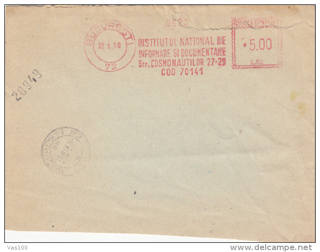 AMOUNT 5.00, BUCHAREST, INSTITUTE, MACHINE STAMPS ON FRAGMENT, 1990, ROMANIA - Frankeermachines (EMA)