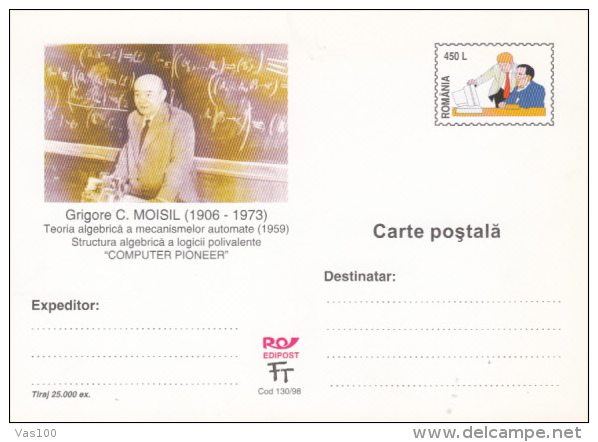 GRIGORE MOISIL, COMPUTERS, PC STATIONERY, ENTIER POSTAL, 1998, ROMANIA - Informatique