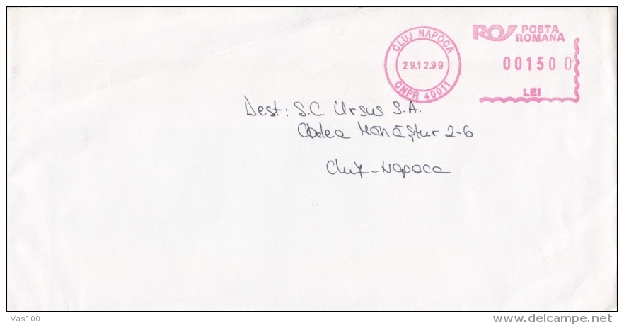 AMOUNT 1500, CLUJ NAPOCA, MACHINE STAMPS ON COVER, 1999, ROMANIA - Franking Machines (EMA)