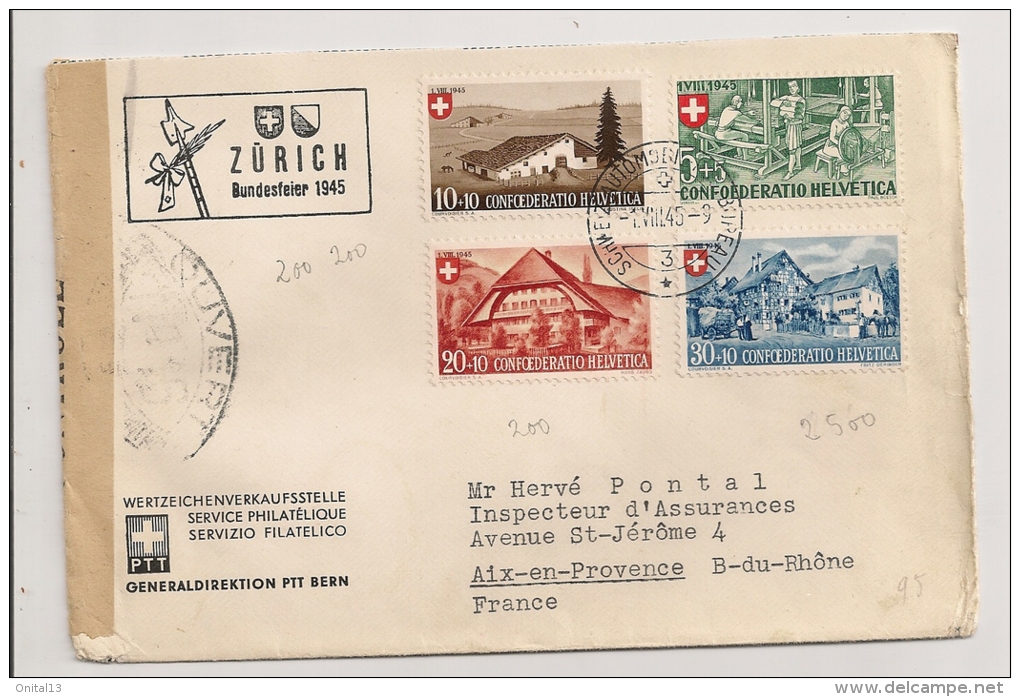 LETTRE RECOMMANDE DE 1945 ZURICH A AIX EN PROVENCE / CENSURE - Storia Postale