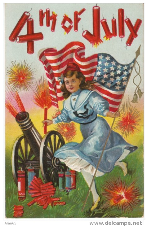 Fourth Of July Holiday, Patriotic Firecrackers Cannon, Girl With Sparkler, C1910s Vintage Postcard - Other & Unclassified