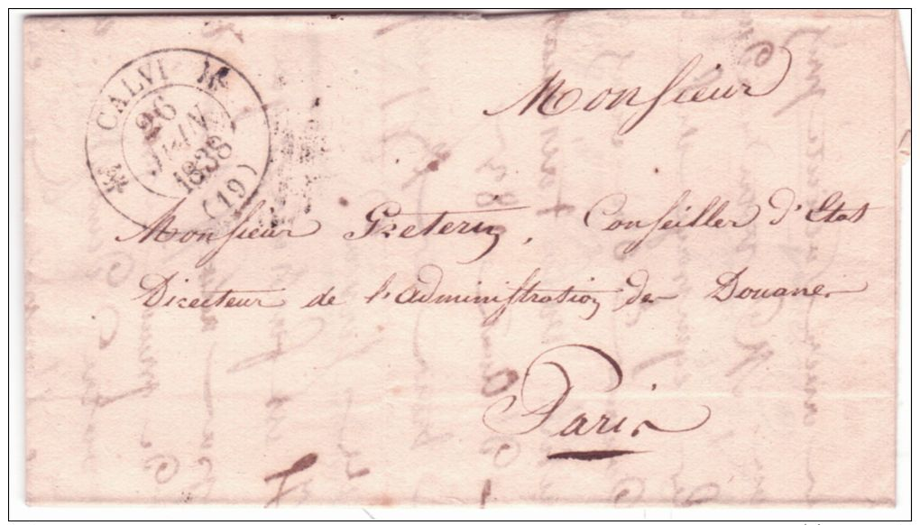 1838- Lettre De CALVI ( Corse ) Cad T12  En Franchise ( Sans Taxe )  Au Directeur Des Douanes à Paris - 1801-1848: Précurseurs XIX