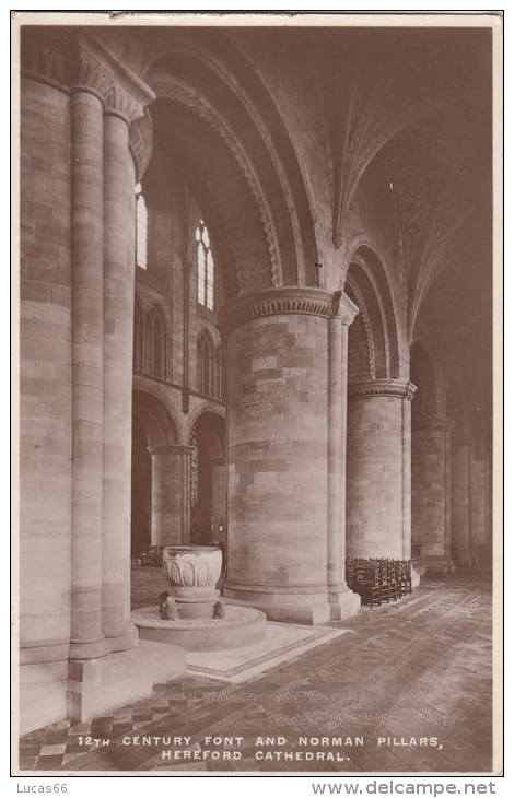 C1930 HEREFORD CATHEDRAL-12TH CENTURY FONT AND NORMAN PILLARS - Herefordshire