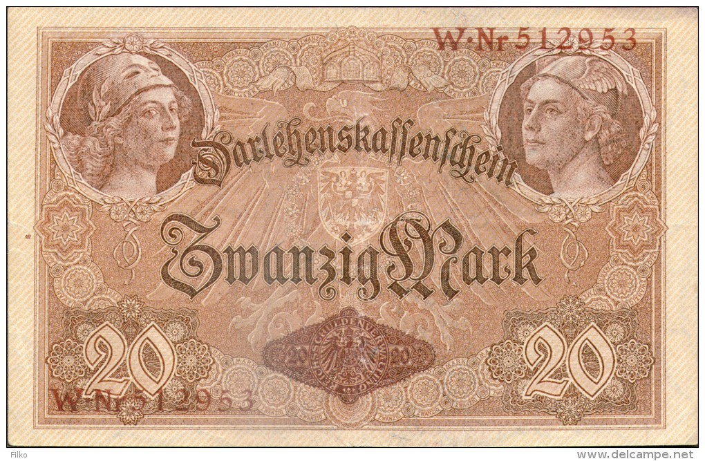 Germany 20 Mark,05.08.1914,P#48a,6 Digit Serial No.serie - W No.512953,  -  6 Stelige,see Scan - 20 Mark