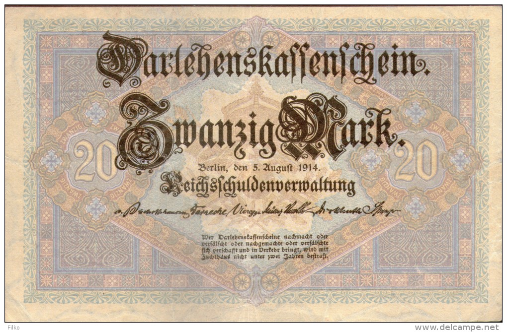 Germany 20 Mark,05.08.1914,P#48a,6 Digit Serial No.serie - W No.512953,  -  6 Stelige,see Scan - 20 Mark