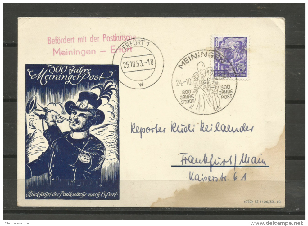 TOP!! DDR * MEININGEN - ERFURT * BEFÖRDERT MIT DER POSTKUTSCHE * SONDERSTEMPEL 1953 **!! - Macchine Per Obliterare (EMA)