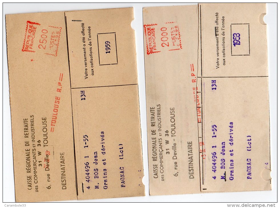 MARCOPHILIE  TOULOUSE  R.P 20.00 /  25.00 1959/1958 TITRE DE RETRAITE - EMA (Empreintes Machines à Affranchir)