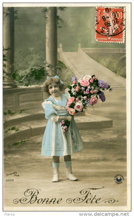 A Small Girl With A Bouquet In A Mansion "Bonne Fete" - Children's School Start