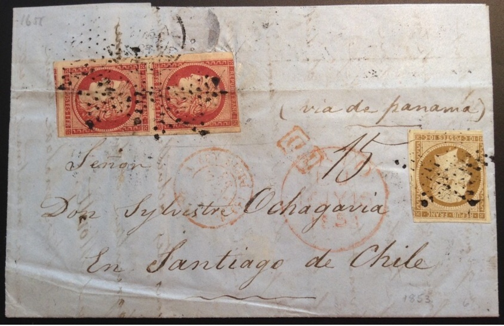 Lettre 1853 > CHILE (Maury 15000€) AFFR. MIXTE CÉRÉS + PRESIDENCE De Paris > SANTIAGO Via Panama, RR (France Cover) - 1849-1850 Cérès