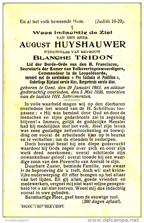 DOODSPRENTJE * AUGUST HUYSHAUWER - GENT 1862 - 1926 * 2 SCANS - Devotion Images