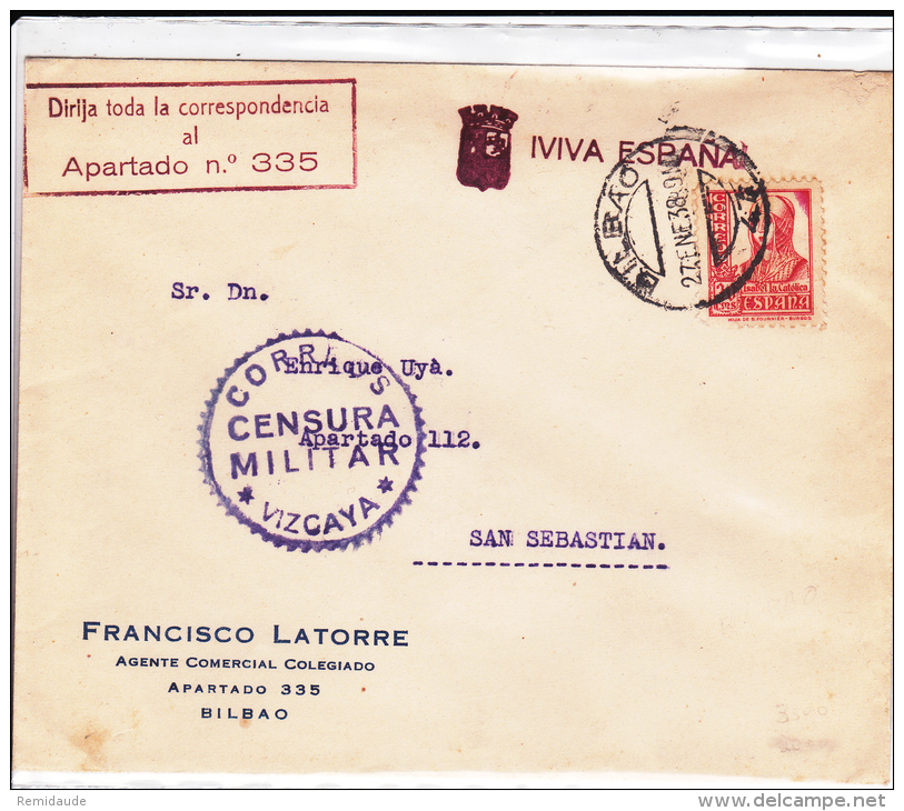 ESPAGNE - 1938 - ENVELOPPE De BILBAO Avec CENSURE De VIZCAYA + "VIVA ESPANA" Pour SAN SEBASTIAN - Storia Postale