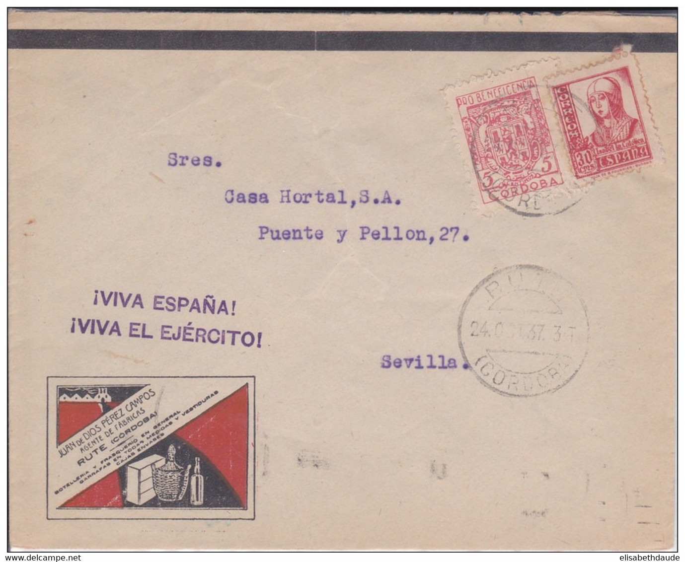 ESPAGNE - 1937 - ENVELOPPE COMMERCIALE De RUTE Avec VIGNETTE LOCALE "CORDOBA"+ CENSURE Pour SEVILLA - Storia Postale