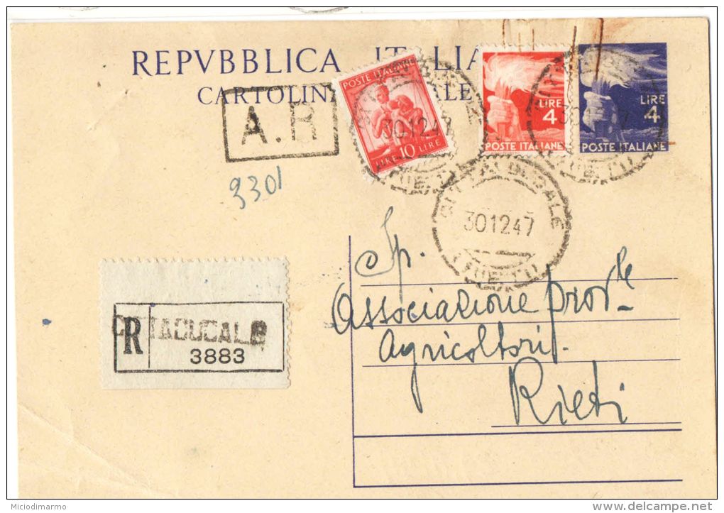 J489) ITALIA CARTOLINA POSTALE DEMOCRATICA 4 LIRE DEL 1947 VIAGGIATA RACCOMANDATA - Interi Postali