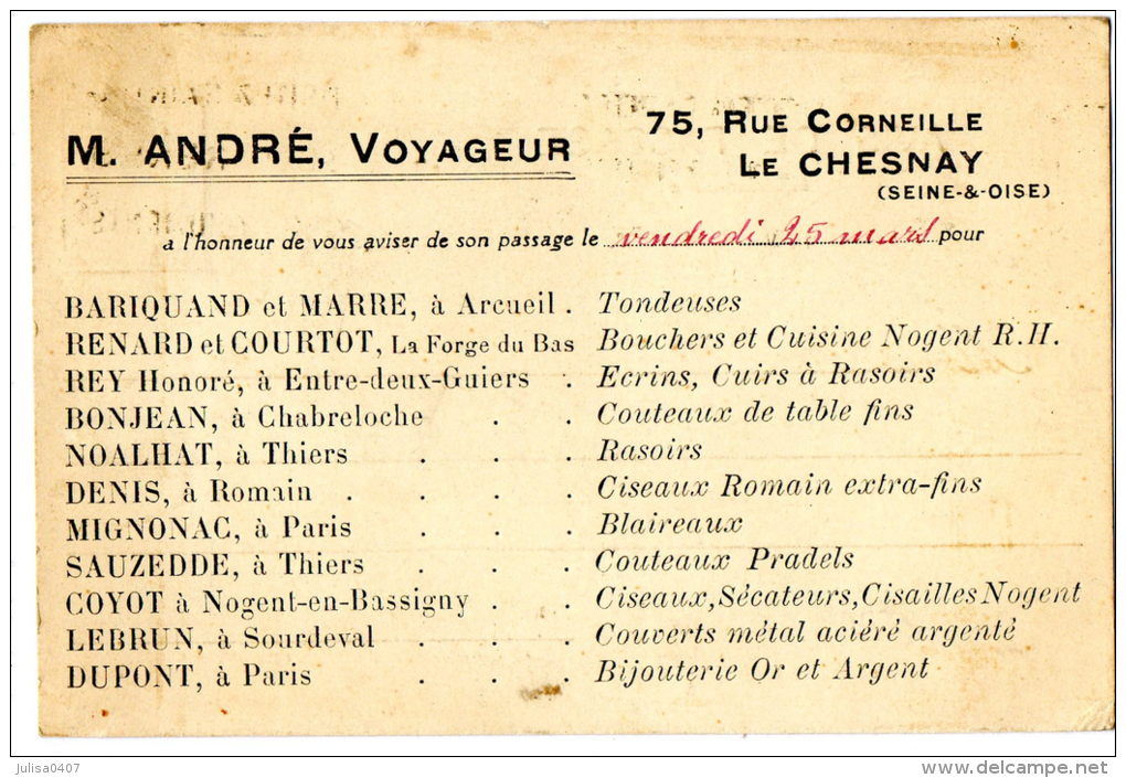 LE CHESNAY (78) Carte Postale Avis De Passage Publicitaire Voyageur De Commerce M André - Le Chesnay