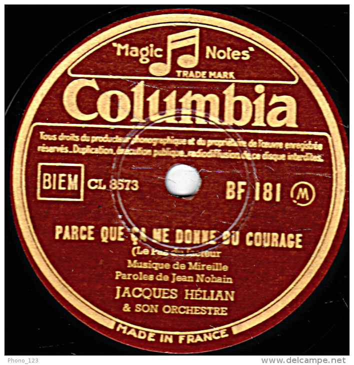 78 Trs  Columbia BF 181 - état EX - Jacques HELIAN - LA SAMBA BRESILIENNE - PARCE QUE CA ME DONNE DU COURAGE - 78 Rpm - Gramophone Records