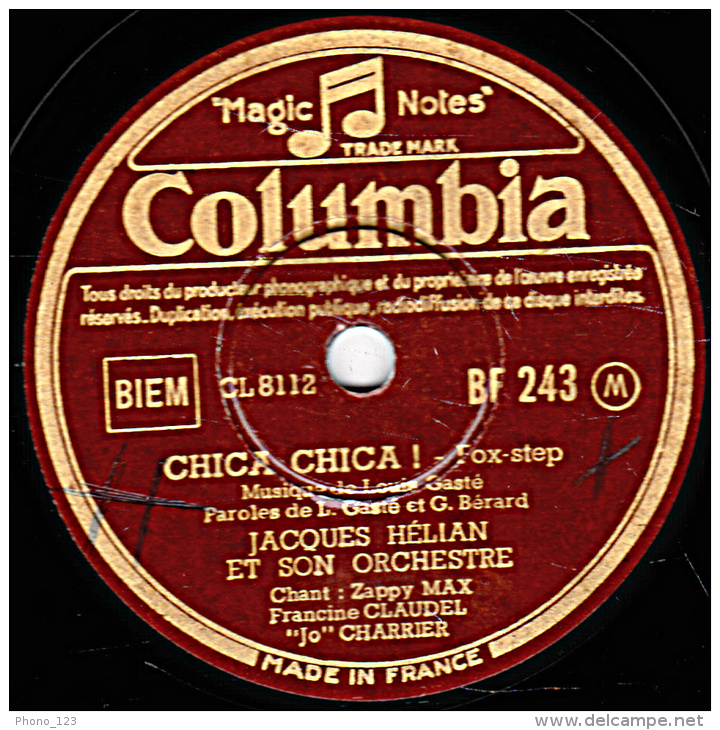 78 Trs  Columbia BF 243 - état TB - Jacques HELIAN - LE PORTE-BONHEUR - CHICA CHICA ! - 78 T - Disques Pour Gramophone