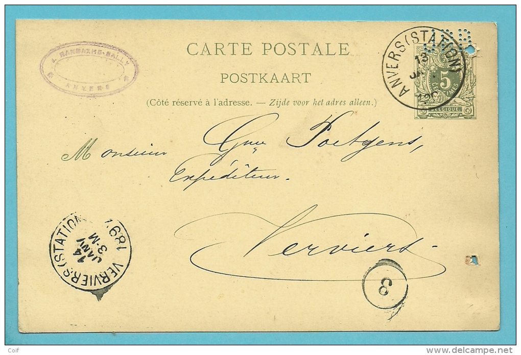 Entier Met Firmaperforatie (perfin) " J R B " Van J. RANDAXHE-BALLY Te Anvers - 1863-09