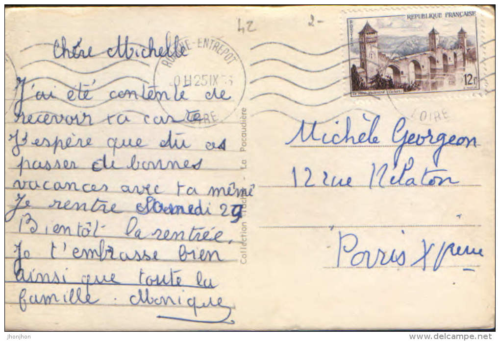 France-Carte Postale Circulee En 1956-La Pacaudiere-Porte De La Maison Notre Dame-2/scans - La Pacaudiere