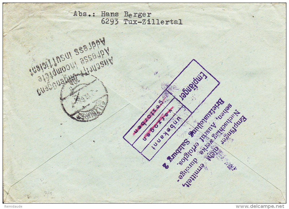 1966 - ENVELOPPE De TUX-ZILLERTAL Pour SALZBOURG Avec "ADRESSE INSUFFISANTE" => RETOUR - Maschinenstempel (EMA)