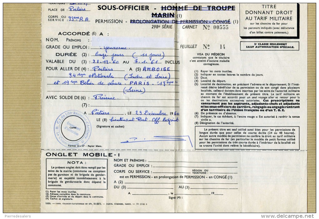 Gendarmerie VP - Titre De Permission Gendarme Délivré Par 33ème R A POITIERS - Visa Gendarmerie Au Verso - Polizia