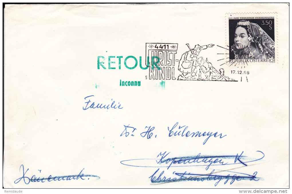 1968 - ENVELOPPE De NOEL Pour COPENHAGUE Avec "INCONNU" => RETOUR - Maschinenstempel (EMA)