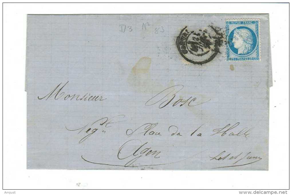 France // Lettre Pour  Agens Le .... Août 1873 - 1871-1875 Cérès