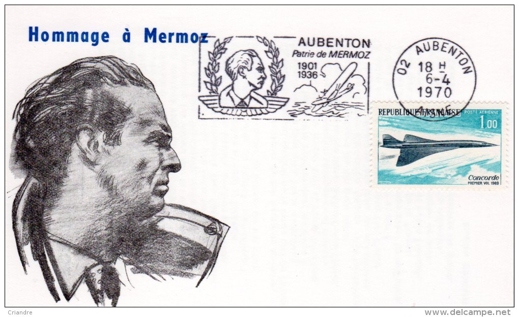 France:flamme D´Aubenton Patrie De Mermoz Sur Carte Avec Poème En Hommage à Mermoz - Sonstige & Ohne Zuordnung