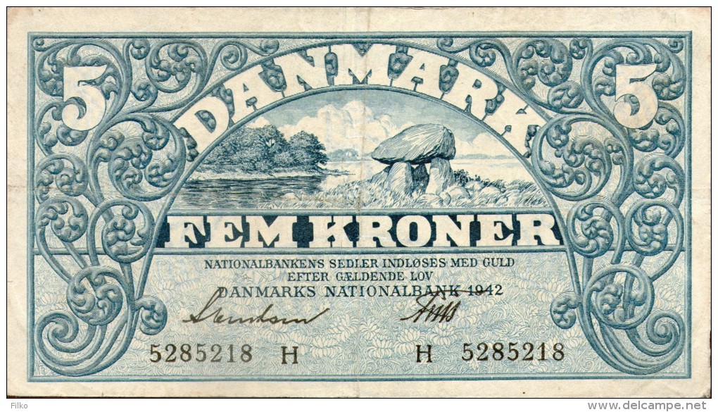 Denmark  5 Kroner 1942, Prefix H ,P.30g,as Scan - Denemarken