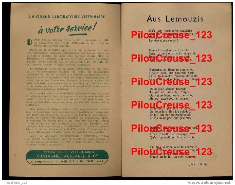 87 Haute Vienne - LIMOGES - PARTITION - " CHANSOUS DE CHAZ NOUS " Edit. Labo Vétérianaires CASTAGNE - Musique Folklorique