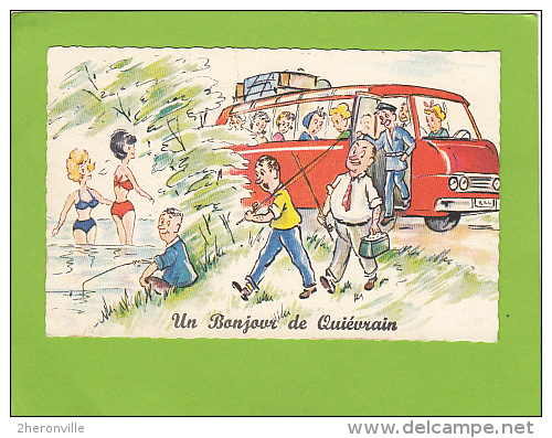 CPA - Un Bonjour De QUIEVRAIN - Carte Illustrée  Pêche Et  Autobus - Quiévrain