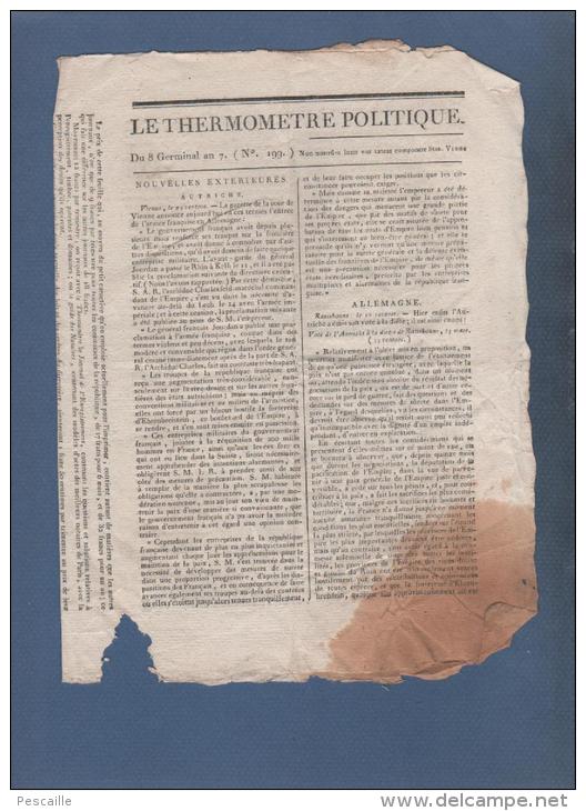 LE THERMOMETRE POLITIQUE 8 GERMINAL AN 7 - AUTRICHE - RATISBONNE - MASSENA HELVETIE - SARTHE - - Journaux Anciens - Avant 1800