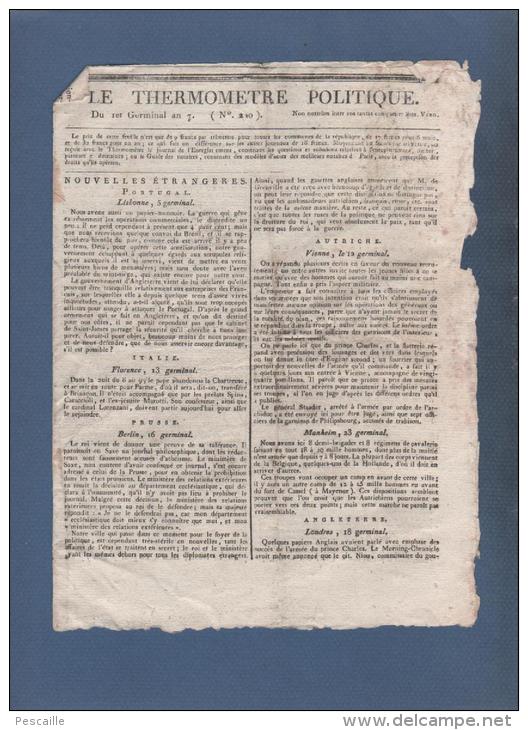 LE THERMOMETRE POLITIQUE 1er GERMINAL AN 7 - PORTUGAL - BERLIN - AUTRICHE - STRASBOURG - CONSCRITS - - Kranten Voor 1800