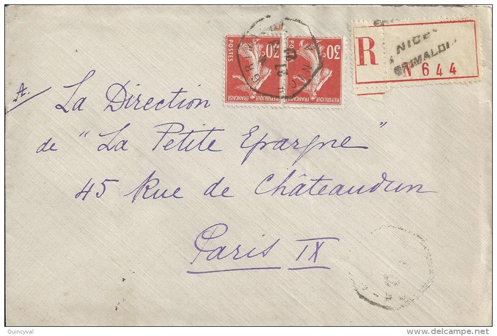 2444 NICE GRIMALDI A Lettre Recommandée 30 C Semeuse 160 Ob 27 3 22 Hexagone Recette Auxiliaire Urbaine Lautier D4 - Handstempels