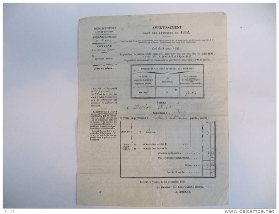DAME MARIE LES BOIS , Indre Et Loire - Avertissement Pour Les Patentes De 1852 - Tailleur D'Habits à Façon - Historical Documents