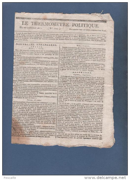 LE THERMOMETRE POLITIQUE 22 GERMINAL AN 7 - ITALIE NAPLES PALERME ROME - AUGSBOURG - MANHEIM - SAINT GALL - RASTADT - Kranten Voor 1800