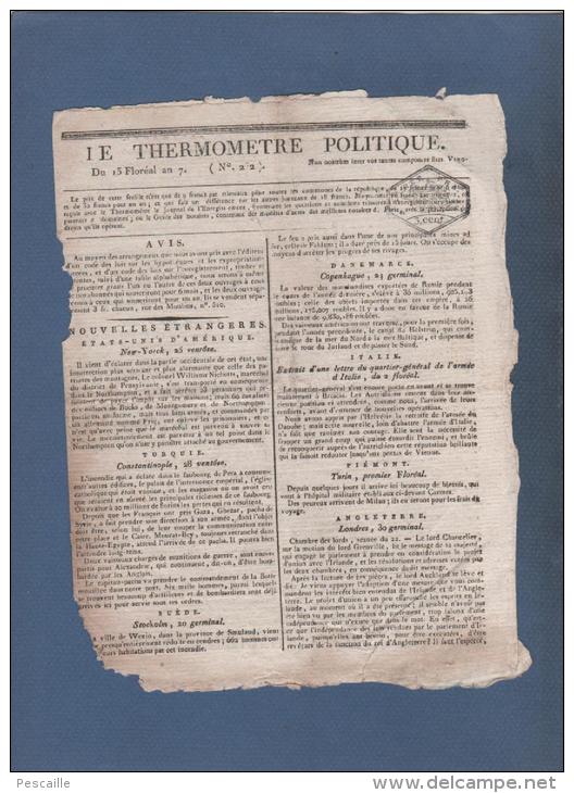 LE THERMOMETRE POLITIQUE 13 FLOREAL AN 7 - TURQUIE - ITALIE - IRLANDE - FRANCFORT - LUCERNE - MARINE - Zeitungen - Vor 1800