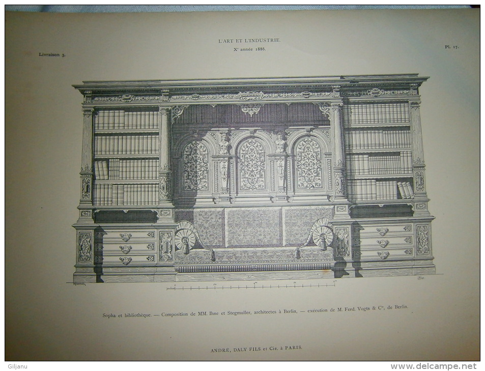 PLANCHE L ART ET L INDUSTRIE SOPHA ET BIBLIOTHEQUE  ANNEE 1886 - Other Plans