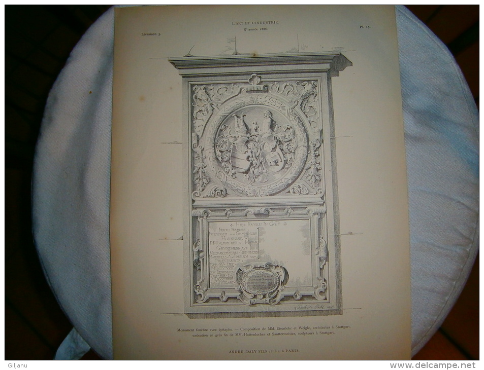 PLANCHE L ART ET L INDUSTRIE MONUMENT FUNEBRE AVEC EPITAPHE  ANNEE 1886 - Andere Pläne