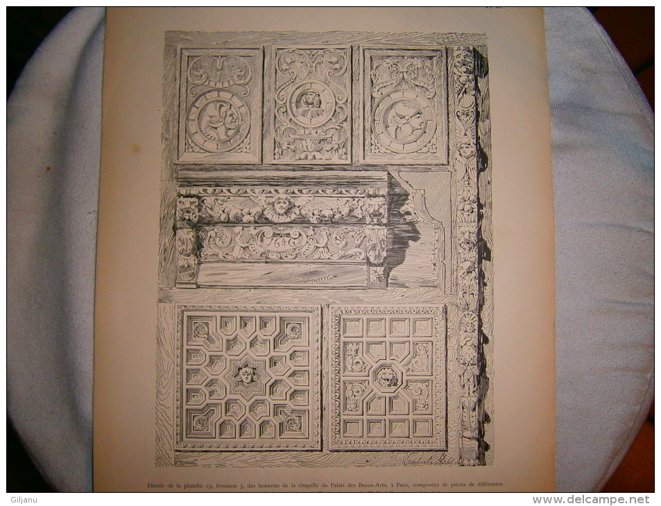 PLANCHE L ART ET L INDUSTRIE DETAILS BOISERIES DE LA CHAPELLE DU PALAIS DES BEAUX ARTS  ANNEE 1886 - Andere Plannen