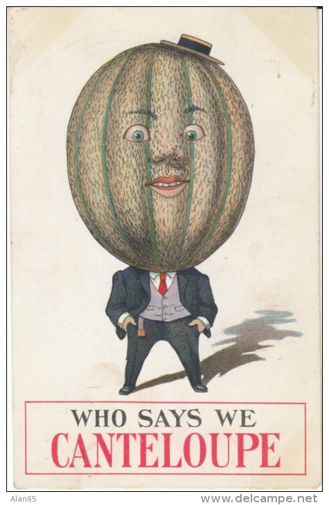 Fruit Person Fantasy 'Who Says We Canteloupe' Humor Pun, Melon, C1910s Vintage Postcard - 1900-1949