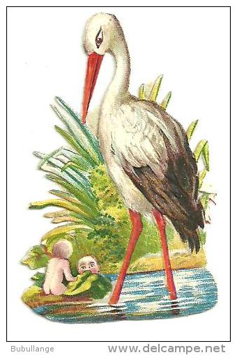 Découpis Gaufré Animaux Humanisés, Cigogne Veillant Sur Bébés Dans L'eau ,  DIM 7cm X 6cm - Animaux